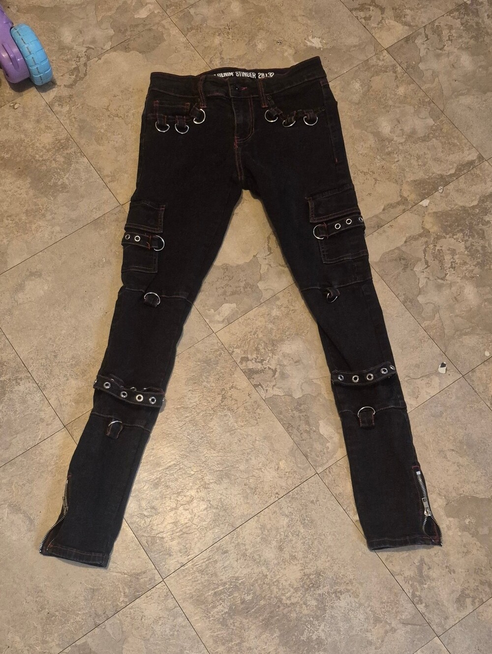 HT Denim Stinger Jeans 28x32 Black Goth Punk D-Ring Grommet Cargo Skinny Y2K